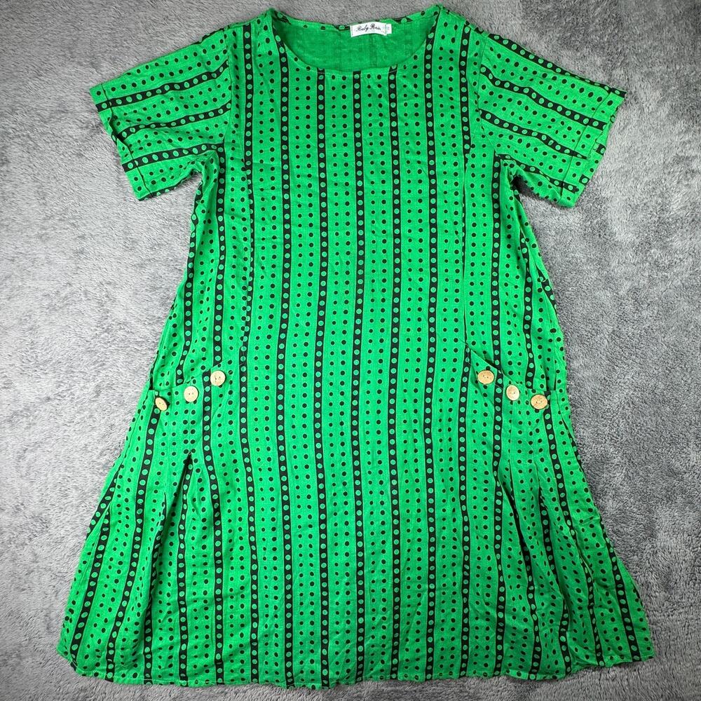 Ruby Rain Green Polka Dot Linen Cotton Button Pocket Lagenlook Dress M NWOT